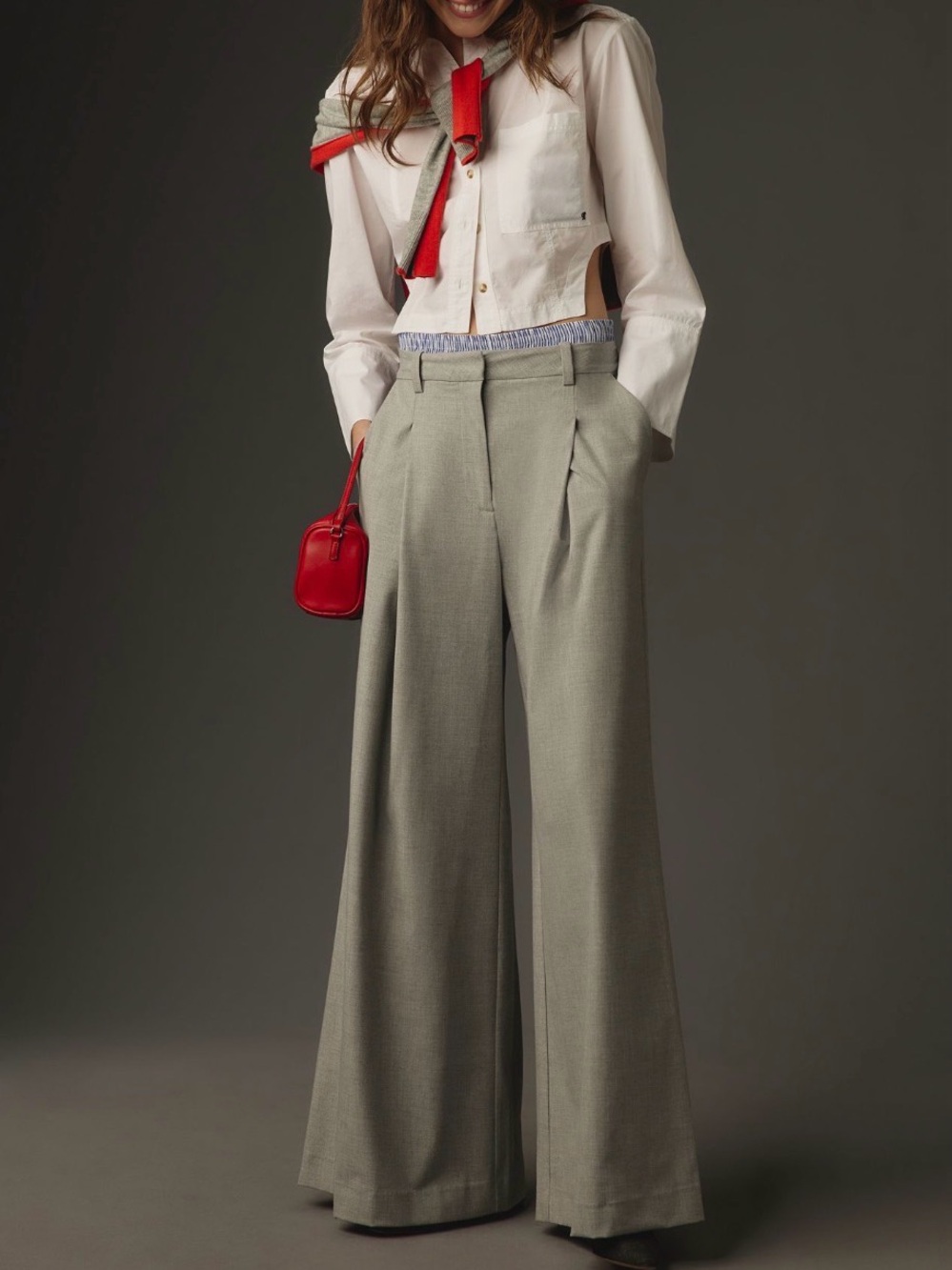 Maeve Wide-Leg High-Waist Trousers in Sage Gray